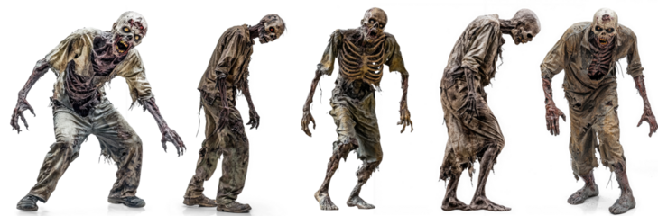 Five zombie figures in a row, each with a different expression and posture.