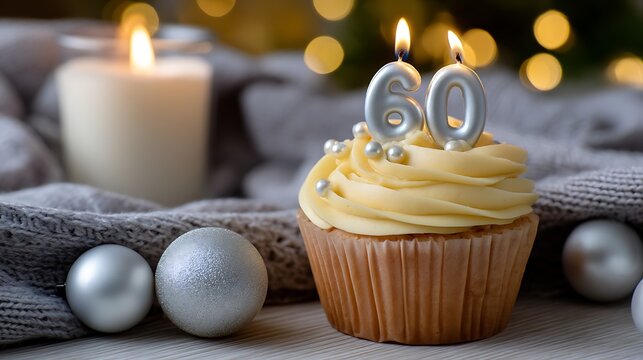Elegant 60th Birthday Cupcake with Silver Decorations and Candle Lights