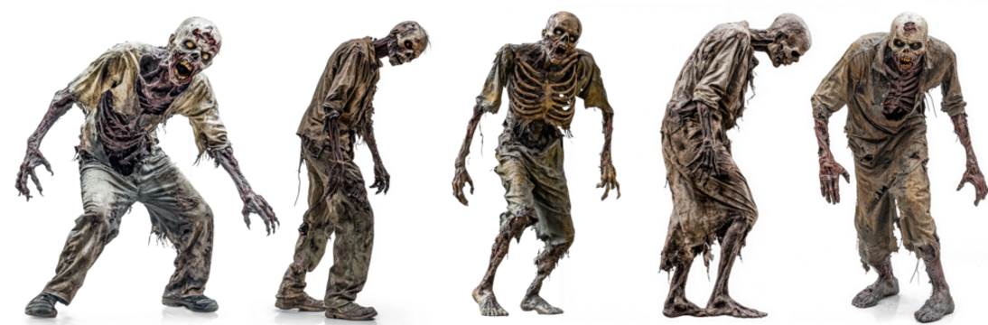 Five zombie figures in a row, each with a different expression and posture.