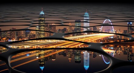 Futuristic city skyline at night with reflections and light trails, viewed through a modern, abstract black honeycomb or lattice structure