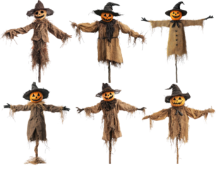 Six scarecrow figures with pumpkin heads and hats, standing on poles, against a white background.