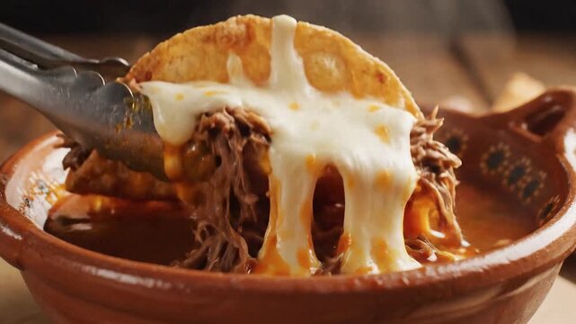 Dipping a Birria Taco in Consome