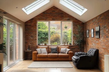 Fototapeta premium Cozy living room with exposed brick walls, skylights, large windows overlooking greenery, brown leather sofa with cushions, black armchair, indoor plants, and minimalist decor