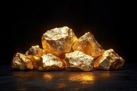 Shiny raw gold nuggets glowing on a dark surface with warm reflective light emphasizing their metallic texture