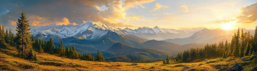 Sunset over snow-capped mountains with dense pine forests and rolling hills bathed in warm golden light under a partly cloudy sky