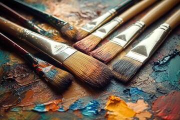 Obraz premium Close-up of six paintbrushes resting on a textured palette with various thick oil paints in warm and cool tones, evoking creativity and artistic mood
