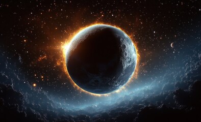 Obraz premium A dark cratered planet illuminated by a glowing orange ring of solar flare with distant stars and cosmic dust in deep space