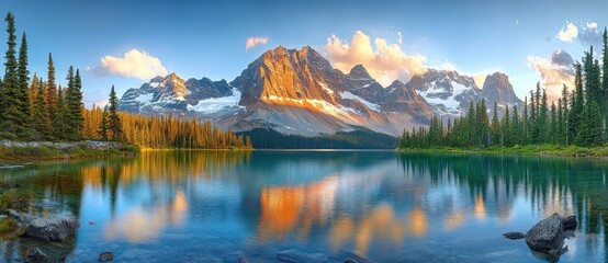 Fototapeta premium Serene mountain landscape with snow-capped peaks reflecting on a calm blue lake surrounded by green pine trees under a bright sky with scattered clouds