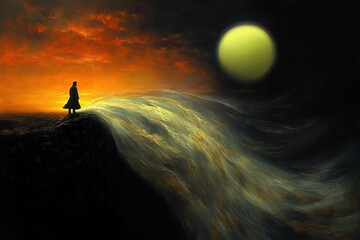 A lone figure stands on a cliff edge overlooking a flowing, illuminated river under a glowing large yellow moon with a fiery red and orange sky at dusk