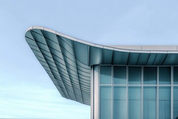 Modern building corner with curved metal roof and large glass windows under bright blue sky