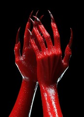 Two glossy red hands with long sharp black claws intertwined against a black background, evoking a dark and eerie atmosphere