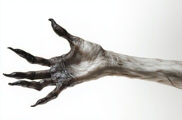 elongated skeletal hand with dark charred-looking fingers reaching out against a white background conveying eerie and unsettling emotion