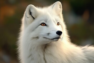 Close-up portrait of a white fluffy fox with amber eyes looking to the side in soft natural light