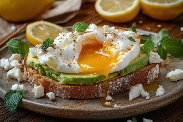Slice of rustic bread topped with creamy mashed avocado and a perfectly poached egg with runny yolk, garnished with fresh mint leaves and crumbled cheese on a ceramic plate