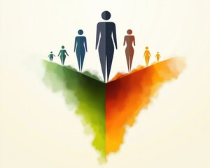 Abstract illustration of stylized human figures standing on two divergent paths with green and orange smoky clouds, symbolizing decision, growth, and separation