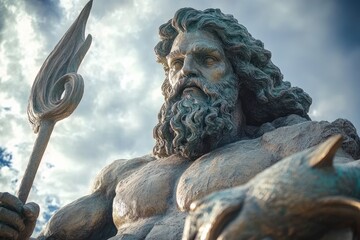 Close-up of a powerful muscular statue of a bearded man holding a trident with a dramatic cloudy sky background, evoking strength and authority