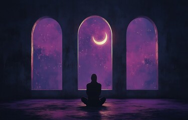 Silhouette of a person sitting cross-legged indoors facing three tall arched windows with a crescent moon and purple night sky visible outside, evoking calm and introspection