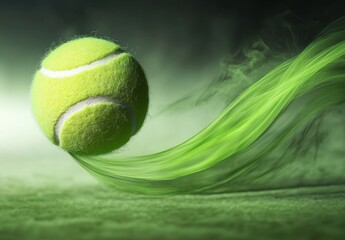 Dynamic close-up of a bright yellow tennis ball in motion with a green swirling trail on a textured surface conveying speed and energy