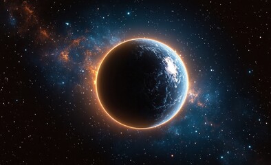 Glowing planet partially illuminated against a star-filled space backdrop with colorful nebula clouds and cosmic dust