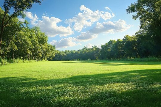 Bright sunny day with lush green grass, surrounded by dense green trees under a partly cloudy blue sky, evoking peace and natural beauty