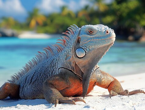 Close-up of a large iguana resting on white sandy beach with tropical ocean and palm trees in the background under blue sky