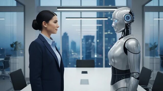 businesswoman shaking hands with ai robot partner