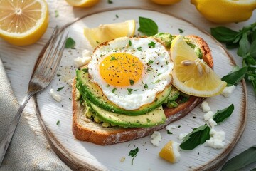 Close-up of a fresh toasted sandwich topped with sliced avocado, a sunny-side-up fried egg, cracked black pepper, and lemon wedges on a rustic white plate