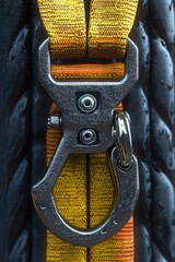 close-up of a metal carabiner attached to a yellow safety strap with water droplets on the dark background ropes, showing detailed texture and sturdy construction