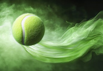 Bright green tennis ball moving rapidly with green smoke or motion trail on dark green background, conveying speed and energy