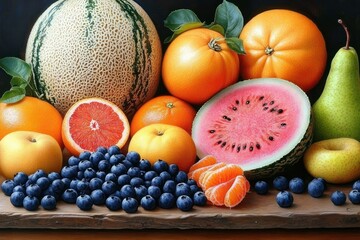 assortment of fresh fruits including whole and sliced watermelon, cantaloupe, oranges, blueberries, peeled tangerine, and pears on rustic wooden surface