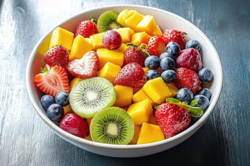 Fresh colorful fruit salad bowl with strawberries, blueberries, kiwi slices, red grapes, and mango chunks on a wooden surface