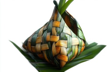 Handwoven small pouch made of green and brown natural palm leaves placed on green leaves against white background