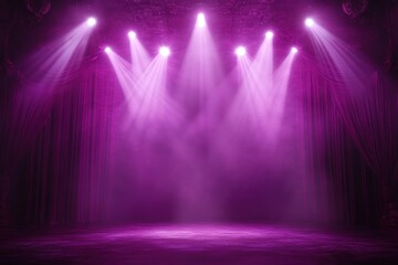 Empty stage illuminated by multiple purple spotlights with curtain backdrop and atmospheric fog creating dramatic lighting
