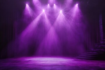 Empty stage illuminated by multiple purple spotlights creating a dramatic and mysterious atmosphere with visible stairs and curtains on the sides