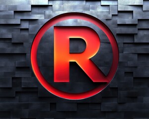 Red glowing letter R inside a circle illuminated on a dark textured geometric background with a futuristic and bold appearance