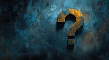 large worn textured golden question mark shape on a dark blue and gray rough textured background creating a mysterious and contemplative mood