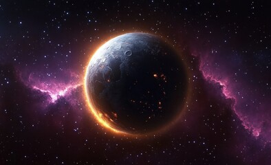 Dark cratered planet glowing with fiery lava spots and halo illuminated by nearby stars and nebula in deep space