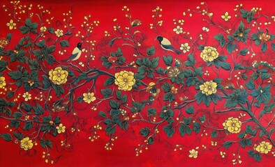 Intricate painting of green leafy branches with yellow flowers and small birds set against a vivid red background, evoking a delicate and serene natural scene