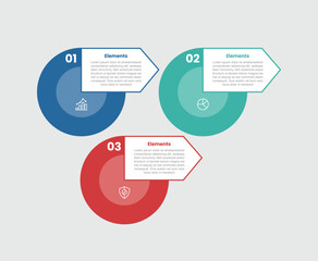 3 elements infographic comparison diagram with big circle with arrow box container badge on side with 3 step for slide presentation