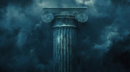A weathered ancient Ionic column standing tall against a dramatic, dark cloudy sky evoking a sense of mystery and timelessness