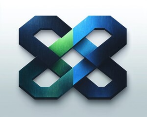 Interwoven geometric figure with metallic texture in gradient shades of blue and green forming an infinity-like loop symbol on a light background