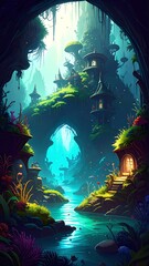 A cozy, small cave nestled among lush greenery, featuring vibrant plants and towering trees that create a serene, natural oasis. Sunlight filters through.