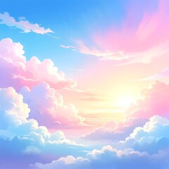 A vibrant blue sky adorned with fluffy white clouds, illuminated by the warm, golden rays of the sun, creating a serene and uplifting atmosphere.