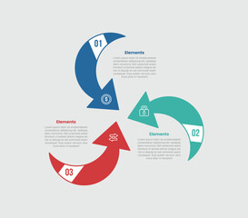 3 elements infographic comparison diagram with smooth arrow cycle circular center direction with 3 step for slide presentation