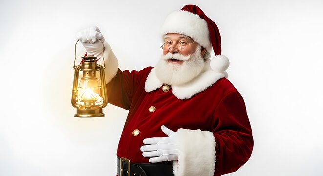 A jolly Santa Claus in his traditional red suit and white beard holds a glowing lantern. - Powered by Adobe