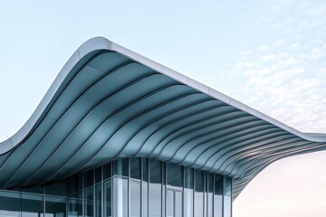 Modern building with sleek, wavy metal roof and glass walls under a partly cloudy blue sky, showcasing contemporary architectural design