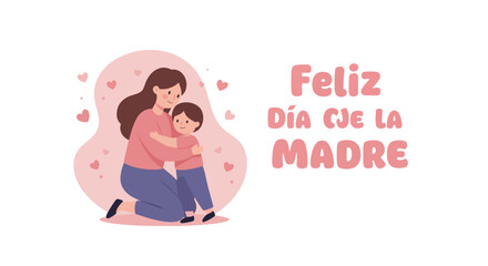 Mother Hugging Child Celebrating Mother's Day with Pink Hearts and Soft Colors