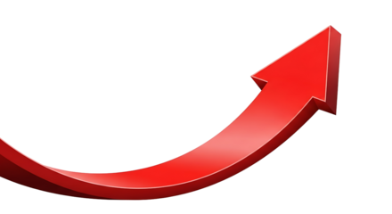 Red arrow curving upwards isolated on transparent background