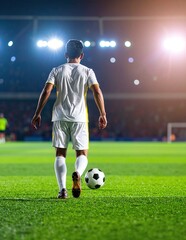 A focused soccer player strides confidently across a vibrant green field, wearing a bright jersey and cleats, with a soccer ball nearby under a clear blue sky.