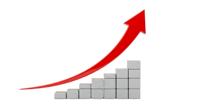 Red arrow graph showing upward trend isolated on transparent background